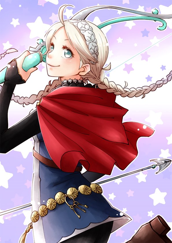 ahoge arrow blue_eyes bow_(weapon) braid capelet closed_mouth commentary_request ebi_puri_(ebi-ebi) eponine_(fire_emblem_if) fire_emblem fire_emblem_if from_side hairband holding holding_arrow holding_bow_(weapon) holding_weapon key keychain long_hair looking_to_the_side smile solo star twin_braids weapon white_hair