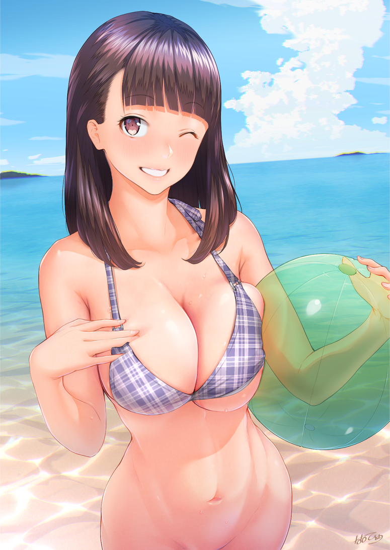1girl ball bangs beach beachball bikini_top blunt_bangs bottomless breasts cleavage cloud cloudy_sky commentary_request eyebrows_visible_through_hair grin holding holding_ball large_breasts long_hair looking_at_viewer mountainous_horizon nanahime navel ocean one_eye_closed original outdoors purple_eyes purple_hair shallow_water sky smile solo standing underboob