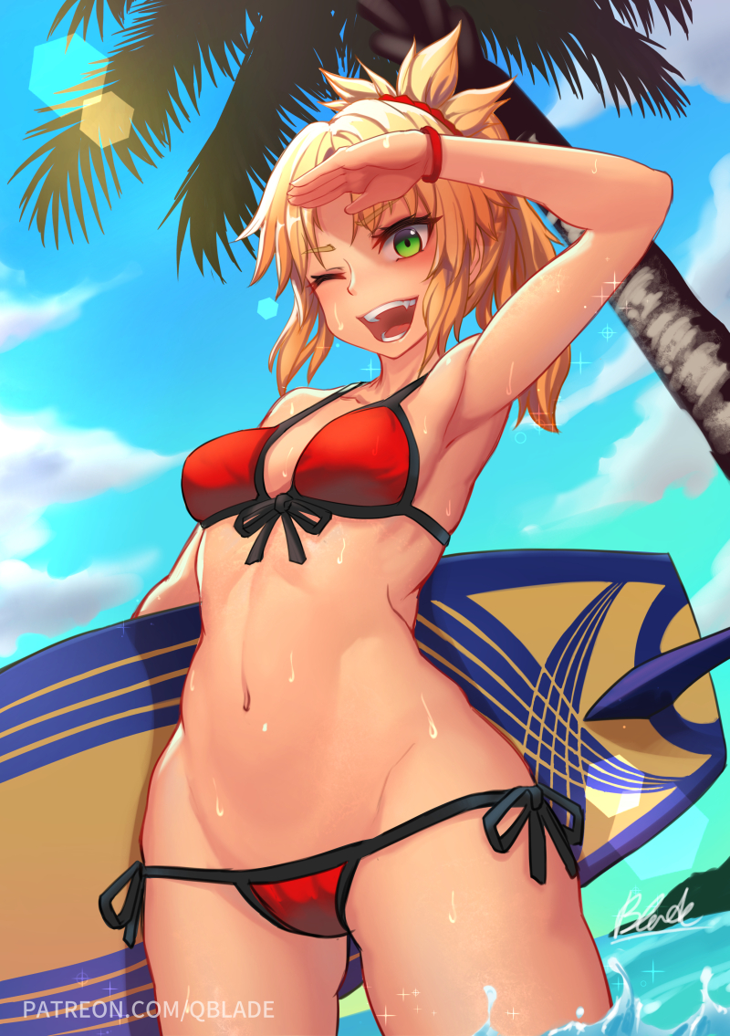 ;d armpits bikini blonde_hair blue_sky breasts cloud day fate/grand_order fate_(series) green_eyes looking_at_viewer medium_breasts mordred_(fate)_(all) mordred_(swimsuit_rider)_(fate) navel ocean one_eye_closed open_mouth outdoors palm_tree patreon_username ponytail qblade red_bikini short_hair side-tie_bikini signature sky smile solo standing swimsuit teeth tree wading water wet