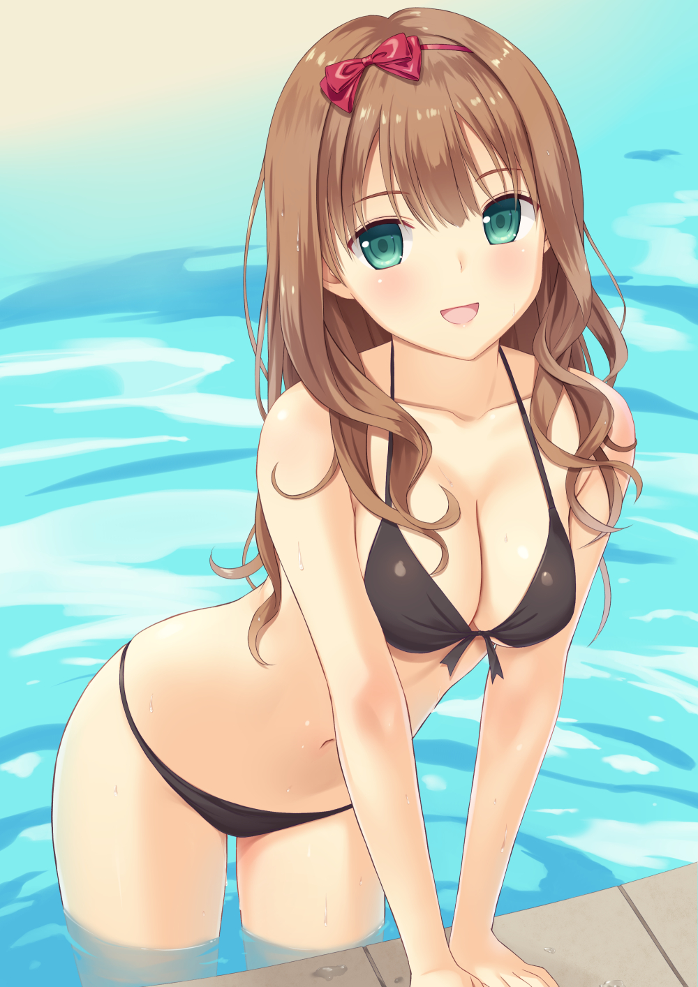 :d arm_support bangs banned_artist bare_arms bare_shoulders bikini black_bikini blush bow breasts brown_hair cleavage collarbone eyebrows_visible_through_hair front-tie_bikini front-tie_top green_eyes hair_between_eyes hair_bow highres leaning_forward long_hair medium_breasts n.g. navel open_mouth original red_bow smile solo swimsuit very_long_hair wading water