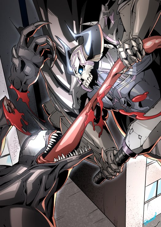 armor black_cloak blood building commentary_request crossover dismemberment eiri_(eirri) fate/grand_order fate_(series) glowing glowing_eyes horns king_hassan_(fate/grand_order) long_tongue marvel multiple_boys open_mouth sharp_teeth skull skull_mask spider-man_(series) spikes sword symbiote teeth tongue tongue_out venom_(marvel) weapon