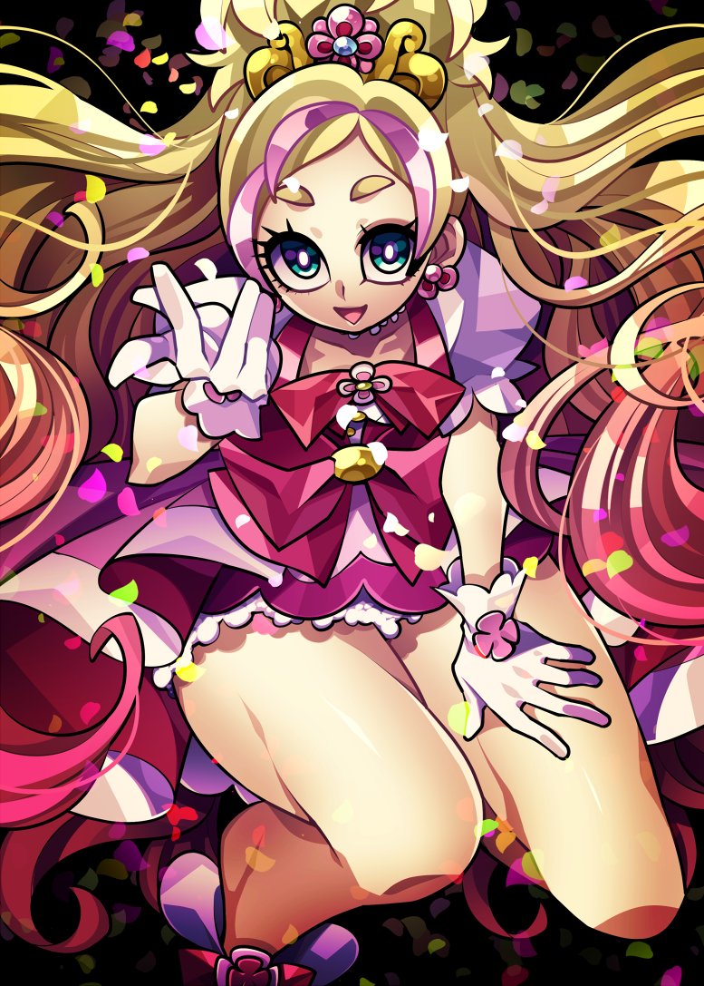 1girl :d bare_legs black_background blonde_hair choker close-up commentary cure_flora earrings floating_hair flower_earrings gloves go!_princess_precure green_eyes haruno_haruka high_heels jewelry long_hair looking_at_viewer magical_girl multicolored_hair ninomae open_mouth petals pink_hair pink_skirt precure puffy_short_sleeves puffy_sleeves reaching_out shiny shiny_hair shiny_skin short_sleeves simple_background skirt smile solo squatting streaked_hair thick_eyebrows thick_thighs thighs tiara two-tone_hair very_long_hair white_gloves