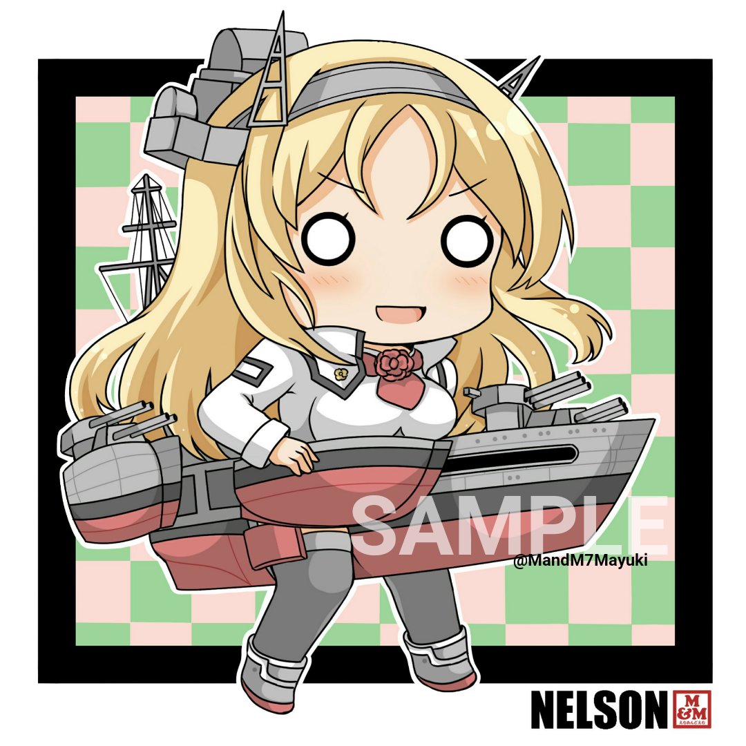 blonde_hair character_name checkered checkered_background commentary_request flower full_body grey_legwear headgear kantai_collection long_hair machinery mayuki_(nami1120) military military_uniform nelson_(kantai_collection) o_o red_flower red_rose rose sample solo standing thighhighs turret twitter_username uniform