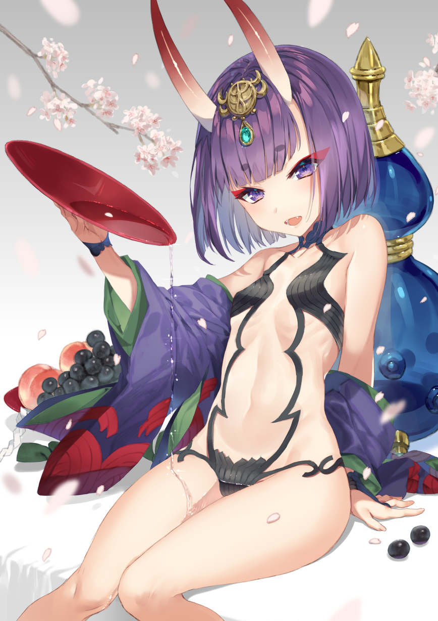 alcohol arm_support banned_artist bare_shoulders bob_cut cherry_blossoms commentary_request cup eyebrows eyebrows_visible_through_hair fangs fate_(series) flat_chest food fruit grapes highres horns japanese_clothes kimono light_smile looking_at_viewer oni oni_horns open_mouth purple_eyes purple_hair sakazuki sake short_hair shuten_douji_(fate/grand_order) sitting solo yusano