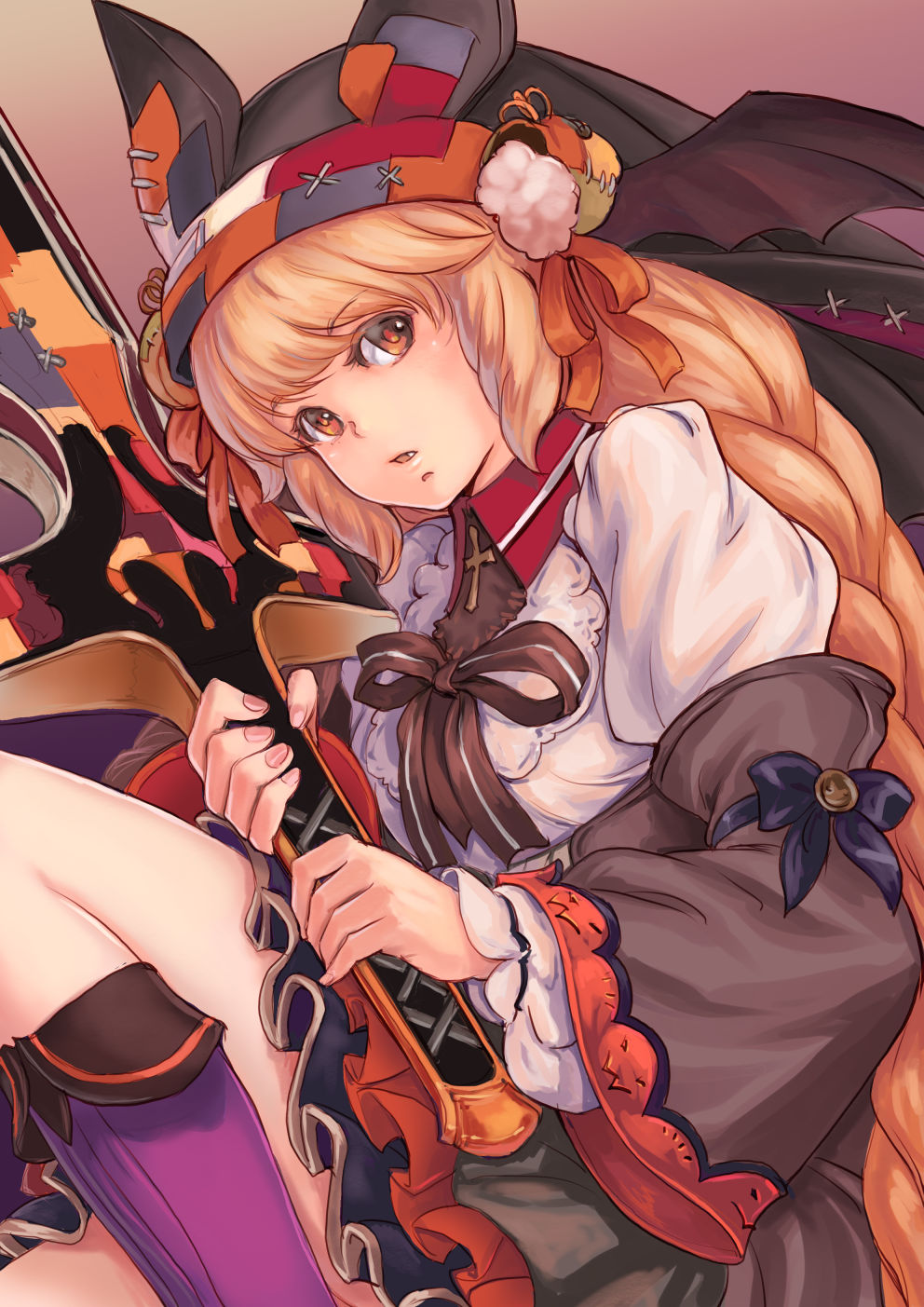 boots braid brown_eyes brown_hair character_request eyebrows_visible_through_hair grimms_notes halloween highres holding holding_sword holding_weapon knee_boots kosai_takayuki long_hair looking_at_viewer parted_lips purple_footwear solo sword very_long_hair weapon