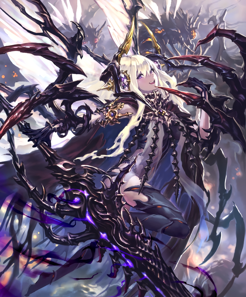 1girl :d animal artist_request bug carapace claws cloak cygames feathered_wings fly giant_insect gold_trim hair_ornament holding holding_sword holding_weapon horns huge_weapon insect leg_lift long_hair looking_at_viewer official_art open_mouth oversized_animal purple_eyes shadowverse smile sword thighhighs very_long_hair weapon white_hair wings zebet_lady_of_the_flies