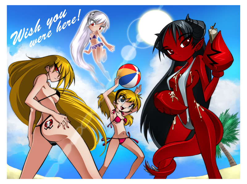 bell bikini bleedman blonde_hair claws clothed clothing demon grim_tales_from_down_below hair her looking_back mandy mimi minimandy pincers powerpuff_girls_doujinshi ppgd red_eyes skimpy skull swimsuit thong webcomic white_hair