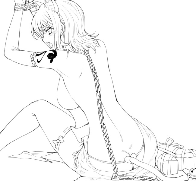 angry animal_ears ass bdsm blush bondage bound breasts butt_crack cat_ears chain elbow_gloves from_behind gloves greyscale hairu high_heels large_breasts lineart looking_back monochrome nami_(one_piece) one_piece revealing_clothes shoes short_hair sideboob sitting solo tail tattoo thighhighs topless