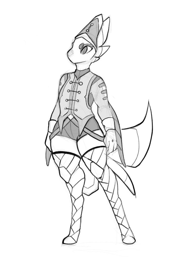 ambiguous_gender anthro avian clothed clothing eyebrows eyelashes feathers full-length_portrait fully_clothed greyscale hat laefa_padlo legwear line_art monochrome portrait qualzar scorchen simple_background solo standing tail_feathers vest white_background wide_hips