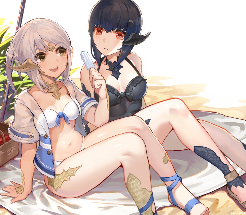 2girls :d akizone arm_support au_ra bangs barefoot_sandals beach bikini black_hair black_swimsuit breasts brown_eyes closed_mouth commentary english_commentary eyebrows_visible_through_hair final_fantasy final_fantasy_xiv food grass grey_hair halterneck hand_up holding horns multiple_girls navel one-piece_swimsuit open_mouth parasol picnic_basket popsicle red_eyes round_teeth sandals signature sitting small_breasts smile swimsuit teeth towel umbrella white_bikini