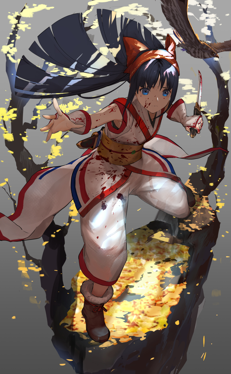 ainu_clothes baggy_pants bangs black_hair blood blood_on_face blood_splatter bloody_clothes bloody_hands bloody_weapon blue_eyes boots bow closed_mouth commentary_request eyebrows_visible_through_hair fingerless_gloves gloves hair_bow hairband highres holding holding_sword holding_weapon japanese_clothes kimono kodachi long_hair looking_at_viewer nakoruru nuda obi outstretched_arm outstretched_hand pants red_bow reverse_grip samurai_spirits sash short_sword sleeveless sleeveless_kimono solo standing sword weapon white_kimono white_pants