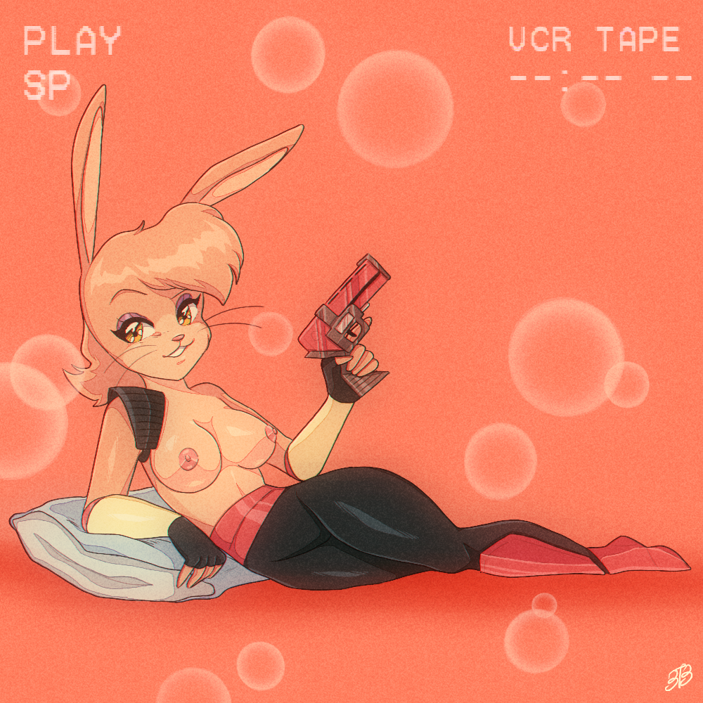 2018 anime anthro black_bottomwear black_clothing bluethebone breasts brown_fur bubble clothed clothing daniah_(kittykola_) digital_media_(artwork) eyelashes eyeshadow female fur gun hare lagomorph long_ears looking_at_viewer lying makeup mammal nipples nude on_side pillow pink_nose presenting rabbit ranged_weapon retro shiny signature simple_background smile solo tan_fur topless vcr weapon whiskers yellow_eyes