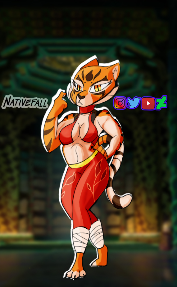 anthro breasts cleavage clothed clothing feline female kung_fu_panda legwear looking_at_viewer mammal master_tigress midriff nativefall signature solo tiger tights wraps