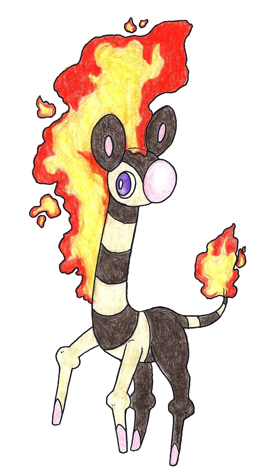 2014 ambiguous_gender black_body black_stripes fak&eacute;mon feral fire flaming_mane flaming_tail frozenfeather full-length_portrait giraffid hi_res hooves long_neck looking_aside looking_away mammal mane nintendo on_hind_legs pink_hooves pink_nose pok&eacute;mon portrait purple_eyes quadruped simple_background solo striped_body stripes toony traditional_media_(artwork) two_tone_body video_games white_background white_body white_stripes