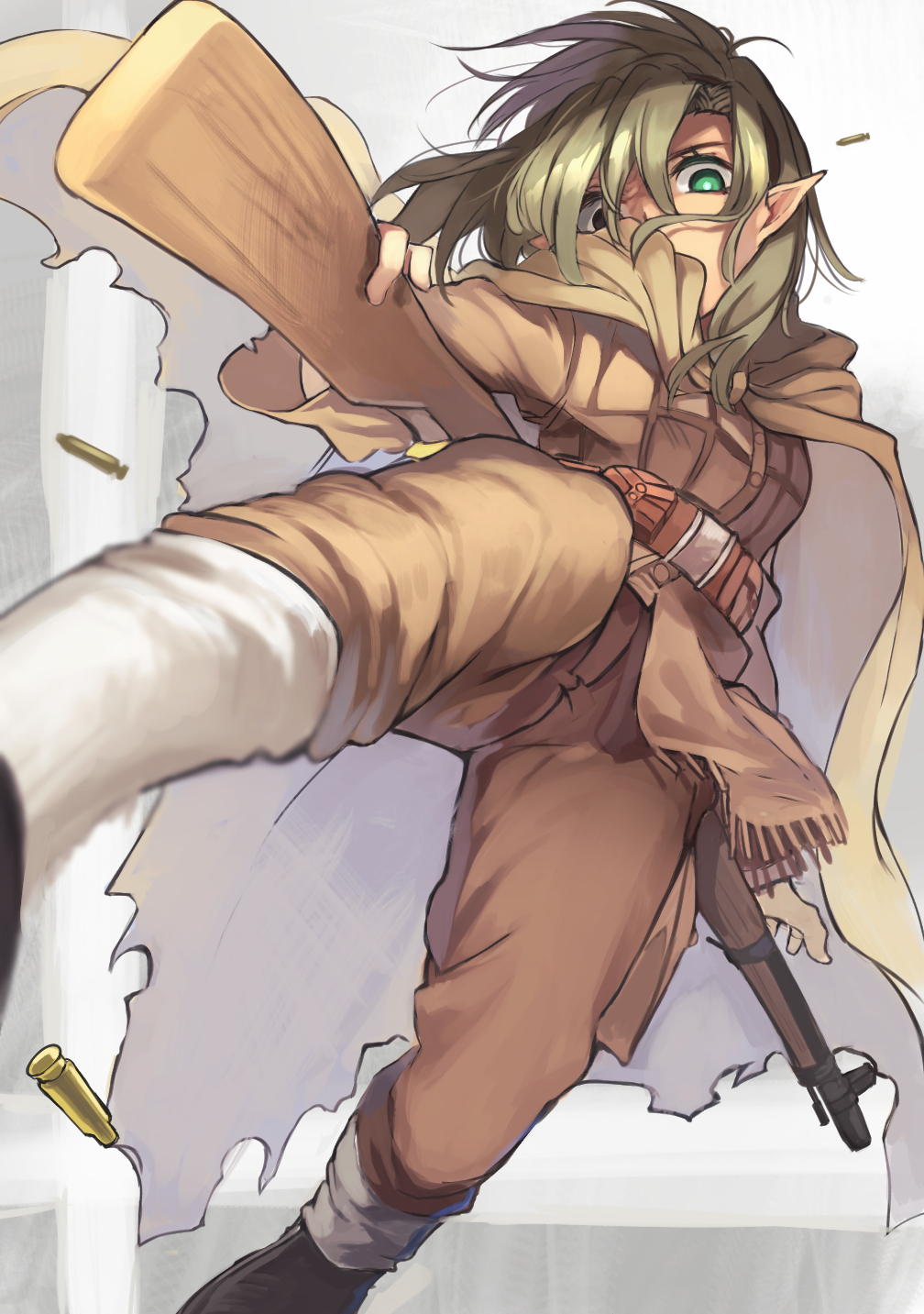 ammunition_pouch bangs belt blonde_hair bolt_action boots cloak elf eyebrows eyelashes fantasy feet_out_of_frame fighting_stance flying_kick fringe_trim gaiters glaring green_eyes gun hairband heterochromia highres holding holding_gun holding_weapon kicking long_hair long_sleeves looking_at_viewer messy_hair military military_uniform mizuiro_raika original pants pointy_ears pouch rifle seams shell_casing simple_background solo uniform weapon
