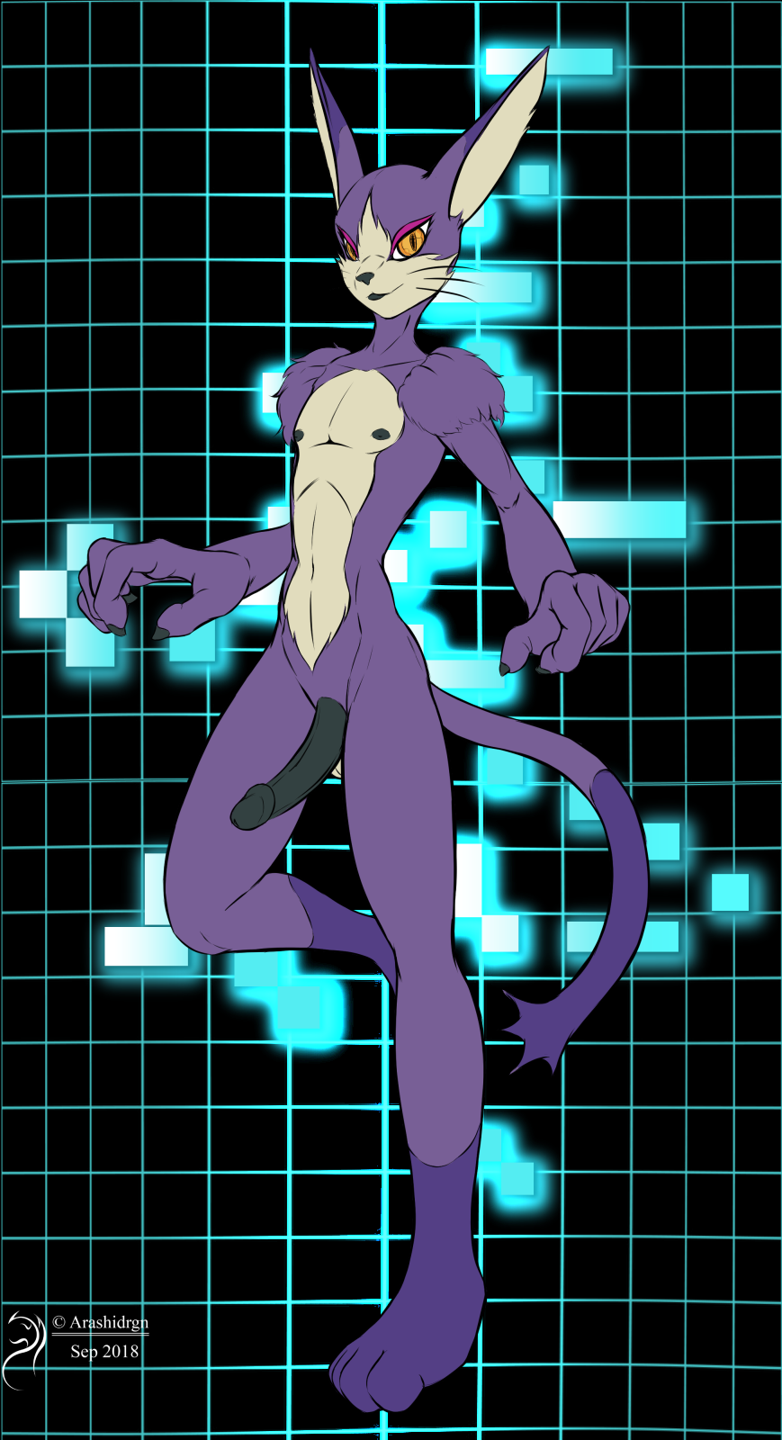 .hack 2018 anthro arashidrgn cat erection feline fur male mammal mia_(.hack) nipples nude penis purple_fur solo yellow_eyes