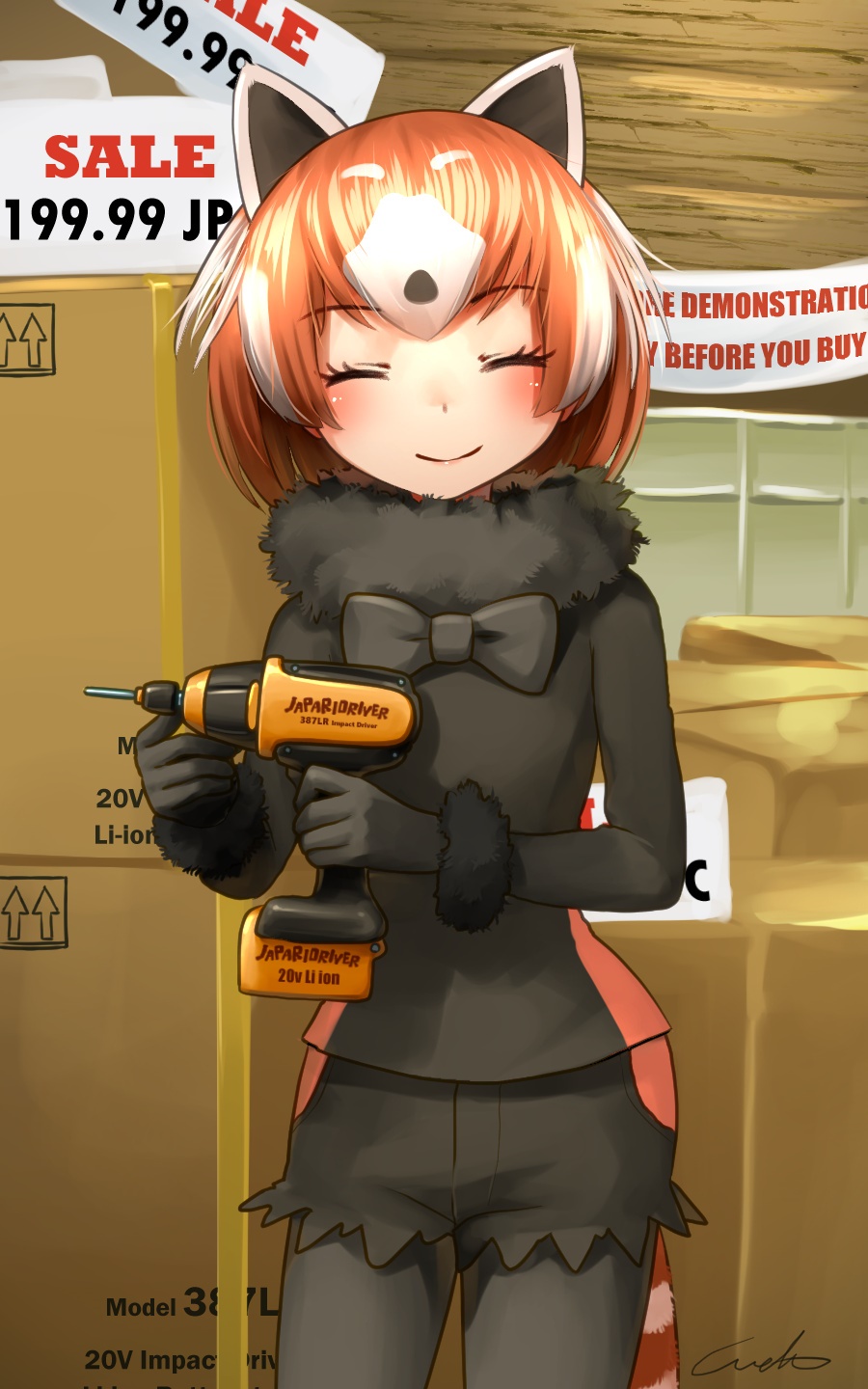 1girl ^_^ animal_ears banner black_gloves black_legwear black_neckwear black_shirt black_shorts bow bowtie box cardboard_box closed_eyes commentary_request english_text extra_ears eyebrows_visible_through_hair eyes_closed facing_viewer fur-trimmed_sleeves fur_collar fur_trim gloves highres holding kemono_friends legwear_under_shorts lesser_panda_(kemono_friends) long_sleeves multicolored_hair orange_hair panda_ears panda_tail pantyhose price_tag screwdriver shirt short_hair short_shorts shorts signature smile solo streaked_hair two-tone_hair welt_(kinsei_koutenkyoku) white_hair