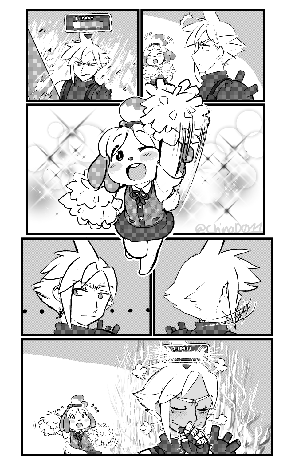 animal_crossing anthro canine cheerleader chinad011 cloud_strife comic dog english_text female greyscale human isabelle_(animal_crossing) male mammal melee_weapon monochrome nintendo shih_tzu sword text video_games weapon