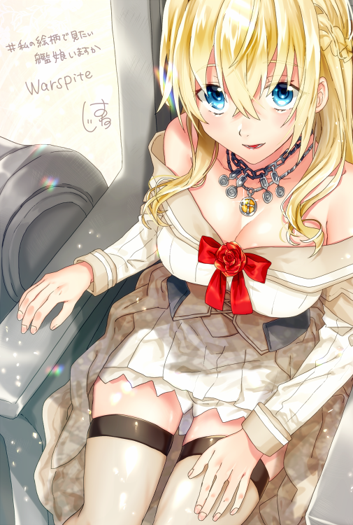 1girl bare_shoulders blonde_hair blue_eyes blush braid breasts cleavage commentary corset dress eyebrows_visible_through_hair fingernails flower french_braid from_above hair_between_eyes hair_over_shoulder hand_on_own_leg hatu_xxgoukan jewelry kantai_collection large_breasts long_hair long_sleeves looking_at_viewer looking_up necklace off-shoulder_dress off_shoulder open_mouth red_flower red_ribbon red_rose ribbon rose signature sitting smile solo teeth thighhighs throne warspite_(kantai_collection) white_dress white_legwear