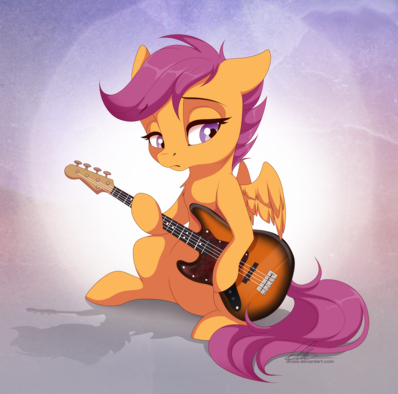 2018 bass_guitar dennyvixen digital_media_(artwork) equine feathered_wings feathers female feral friendship_is_magic hair mammal musical_instrument my_little_pony pegasus purple_eyes purple_hair scootaloo_(mlp) signature solo url wings