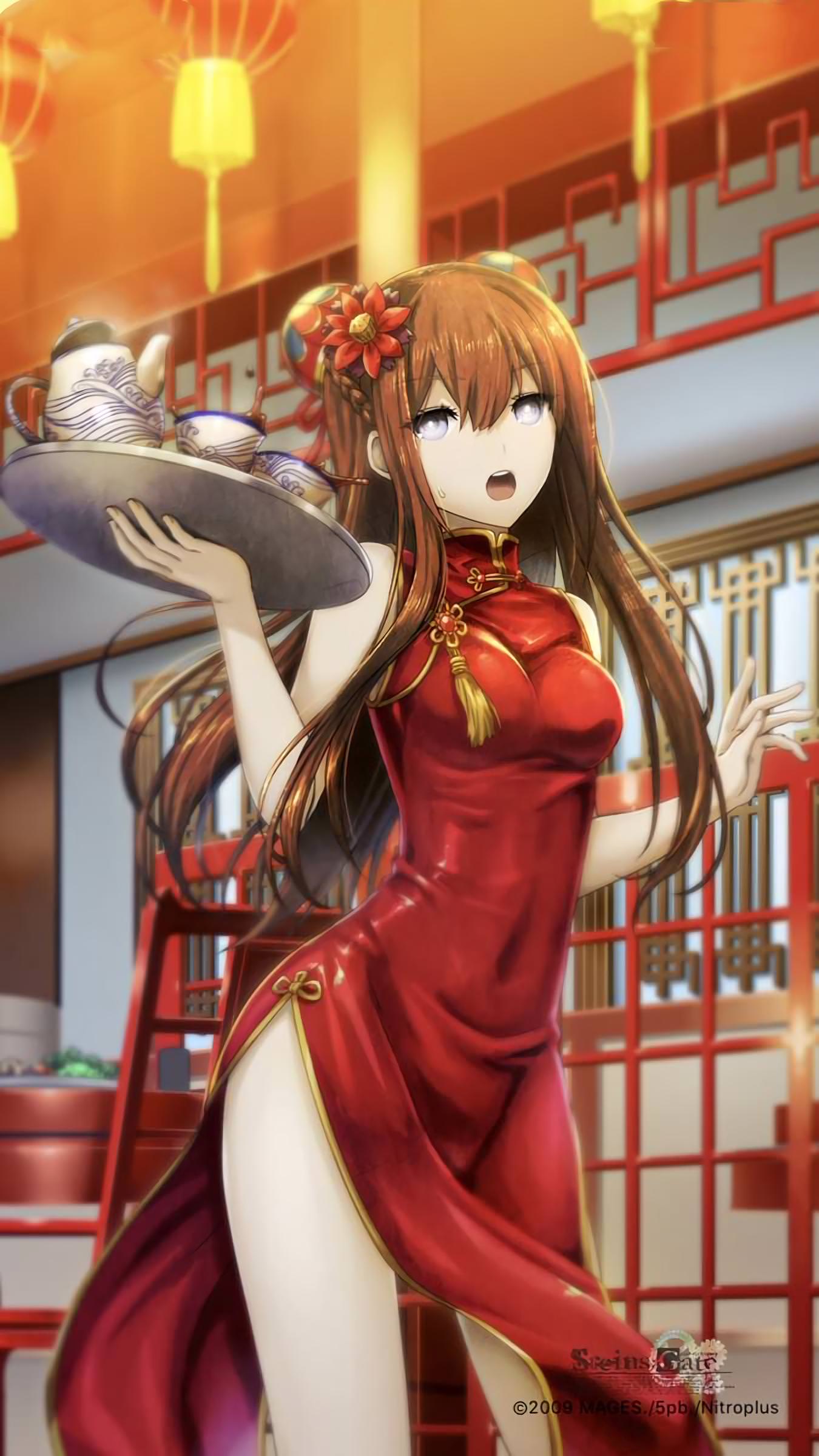 absurdres alternate_costume architecture braid breasts brown_hair china_dress chinese_clothes copyright_name covered_navel cowboy_shot cup double_bun dress east_asian_architecture flower hair_flower hair_ornament highres huke lantern long_hair looking_at_viewer makise_kurisu medium_breasts official_art open_mouth restaurant side_slit silver_eyes solo standing steins;gate sweatdrop teacup teapot tray watermark