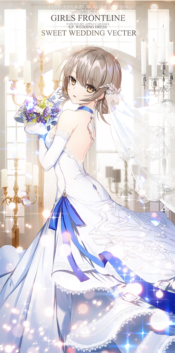 1girl apple_caramel ass bangs bare_shoulders blue_ribbon blush bouquet breasts bridal_veil candle candlestand character_name day dress earrings elbow_gloves eyebrows_visible_through_hair flower girls_frontline gloves grey_hair hair_up hand_up highres holding holding_bouquet indoors jewelry lace lace-trimmed_dress lace-trimmed_gloves lens_flare light_particles looking_at_viewer medium_breasts ribbon ring short_hair solo sparkle strapless strapless_dress sunlight vector_(girls_frontline) veil wedding wedding_band wedding_dress white_dress white_gloves yellow_eyes