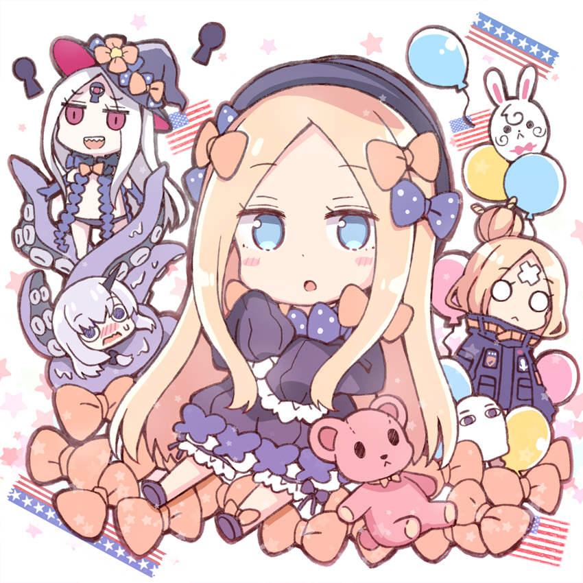 :&lt; :d :o abigail_williams_(fate/grand_order) american_flag balloon bangs barefoot black_bow black_dress black_footwear black_hat black_jacket black_panties blonde_hair bloomers blue_eyes blush blush_stickers bow bug butterfly chibi closed_mouth commentary_request dress elbow_gloves eyebrows_visible_through_hair fate/grand_order fate_(series) forehead fou_(fate/grand_order) gloves hair_between_eyes hair_bow hair_bun hat heroic_spirit_traveling_outfit insect jacket keyhole lavinia_whateley_(fate/grand_order) long_hair long_sleeves medjed multiple_girls multiple_persona nose_blush o_o open_mouth orange_bow pale_skin panties parted_bangs parted_lips polka_dot polka_dot_bow purple_eyes purple_gloves red_eyes rioshi sharp_teeth shoes silver_hair sitting sleeves_past_fingers sleeves_past_wrists smile standing star stuffed_animal stuffed_toy suction_cups sweat teddy_bear teeth tentacles underwear very_long_hair wavy_mouth white_background white_bloomers witch_hat