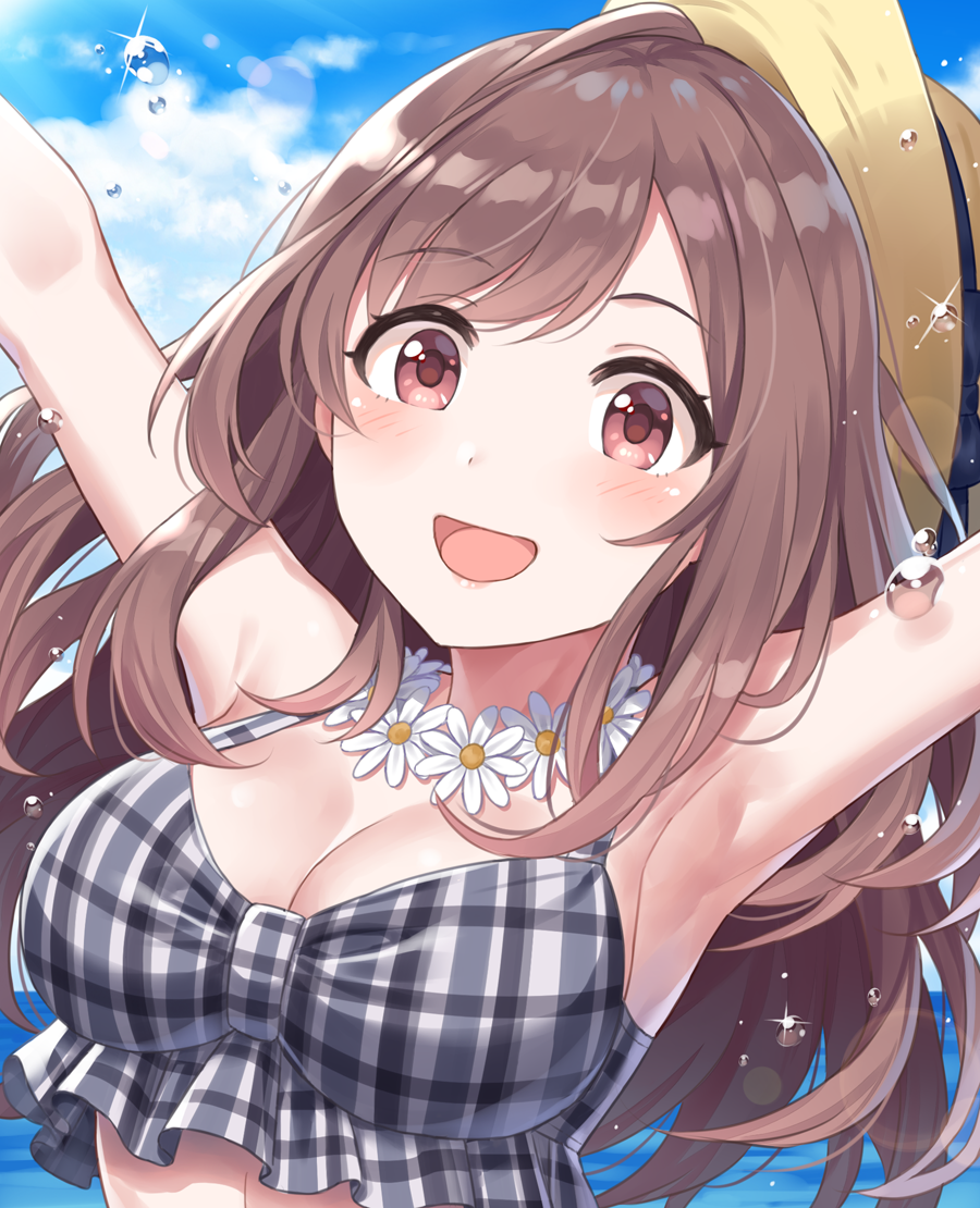 :d armpits arms_up bangs bikini bikini_top black_bikini blue_sky blush breasts brown_hair brown_hat cleavage cloud commentary_request day dutch_angle eyebrows_visible_through_hair flower flower_necklace frilled_bikini frills hat idolmaster idolmaster_shiny_colors jewelry large_breasts long_hair looking_at_viewer necklace open_mouth outdoors plaid plaid_bikini purple_eyes shiny shiny_hair sky smile solo sparkle splashing sun_hat swept_bangs swimsuit tsukioka_kogane water_drop white_flower yuuhi_(ages)