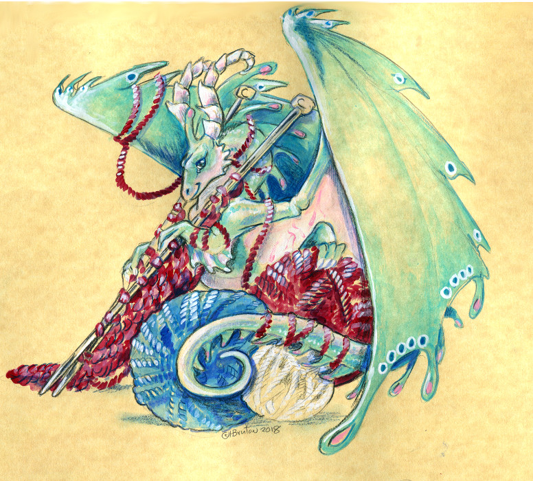 2018 ambiguous_gender bejewelled blue_eyes blue_scales dragon feral frill gem green_scales heather_bruton horn knitting knitting_needle looking_at_viewer membranous_wings scales scalie signature simple_background sitting smile solo spines tan_background traditional_media_(artwork) wings yarn