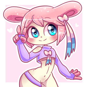 &lt;3 &lt;3_eyes anthro arched_back big_eyes blue_eyes blush bottomless bow breasts clothed clothing crop_sweater eeveelution female hair hashu icon lagomorph looking_at_viewer mammal navel nintendo pink_hair pok&eacute;mon pok&eacute;mon_(species) queen queenie_(hashu) rabbit royalty skimpy smile solo sylveon thick_thighs under_boob v_sign video_games