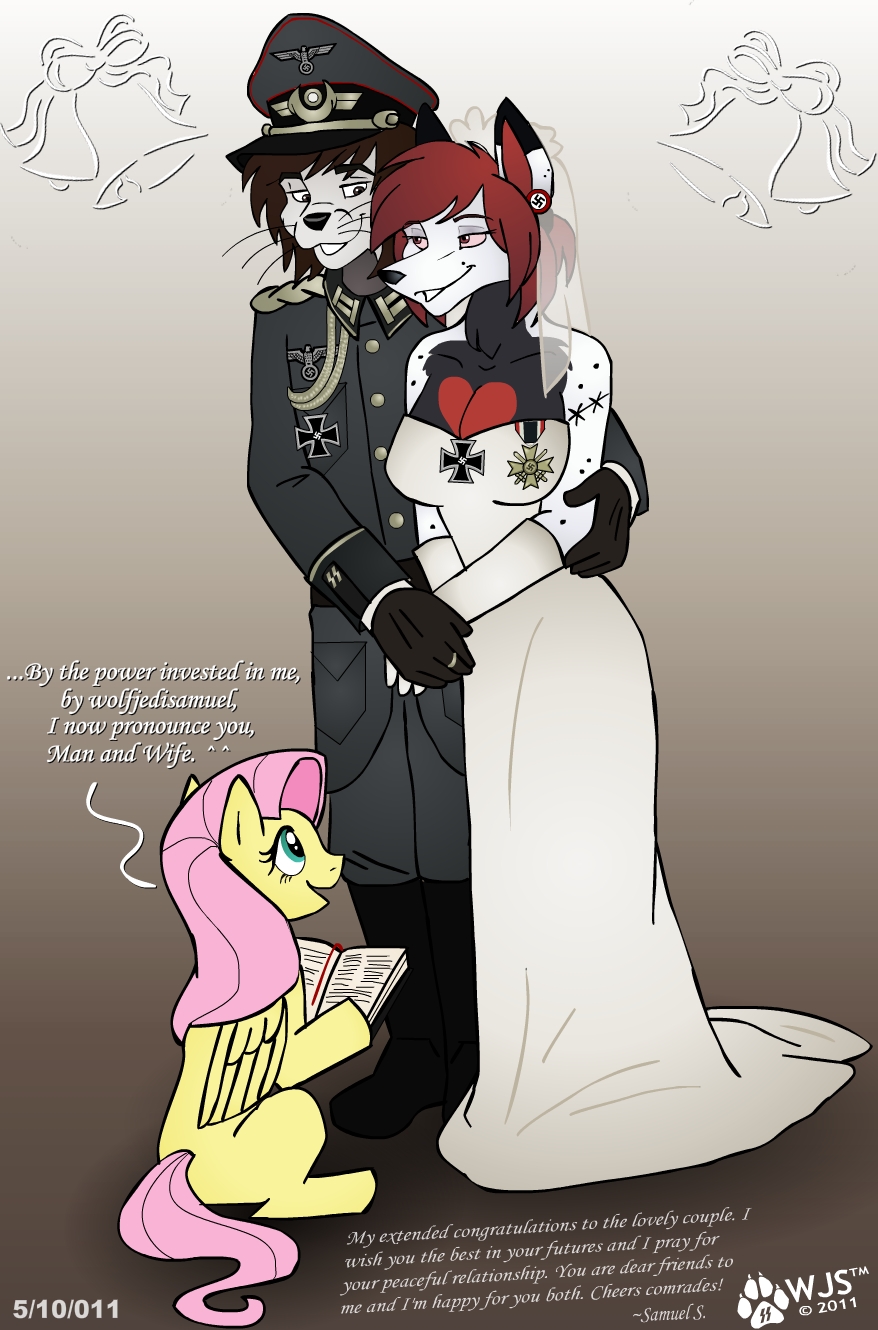 anthro brown_hair canine clothing dress english_text equine female feral friendship_is_magic fur gloves gradient_background hair horse iron_cross male male/female mammal mustelid my_little_pony nazi otter pink_hair pink_sclera pony red_hair simple_background swastika text uniform wedding white_fur wolfjedisamuel