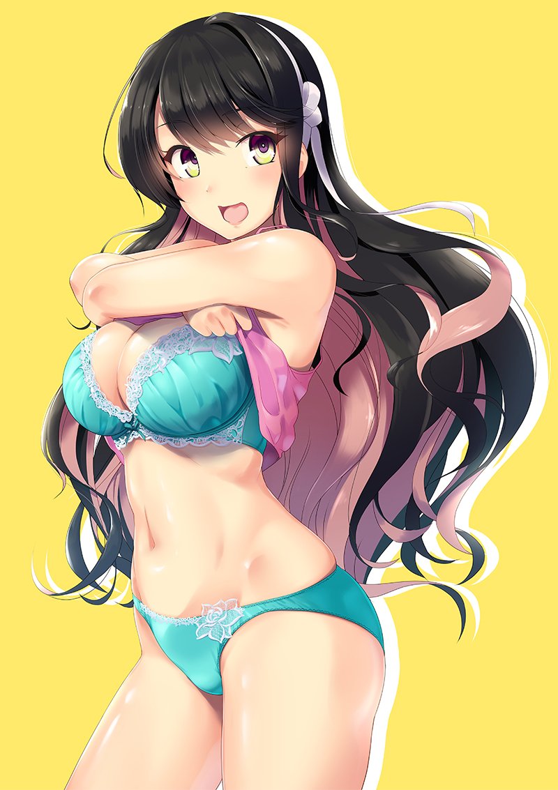 8000 alternate_costume aqua_bra aqua_panties armpits bangs black_hair blush bra breasts cleavage commentary_request cowboy_shot eyebrows_visible_through_hair flower frilled_bra frills hair_between_eyes hair_ribbon kantai_collection large_breasts lingerie long_hair looking_at_viewer multicolored_hair naganami_(kantai_collection) navel open_mouth panties pink_hair ribbon simple_background smile solo standing two-tone_hair underwear undressing wavy_hair yellow_eyes