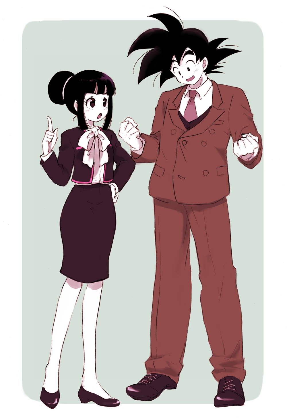 1girl :o bangs bare_legs black_eyes black_footwear black_hair chi-chi_(dragon_ball) clenched_hands dragon_ball dragon_ball_z eyelashes formal full_body grey_background hand_on_hip height_difference highres index_finger_raised jacket light_smile looking_at_viewer looking_down necktie nishi1225 open_mouth ribbon shirt simple_background skirt son_gokuu spiked_hair standing suit tied_hair two-tone_background white_background white_ribbon white_shirt