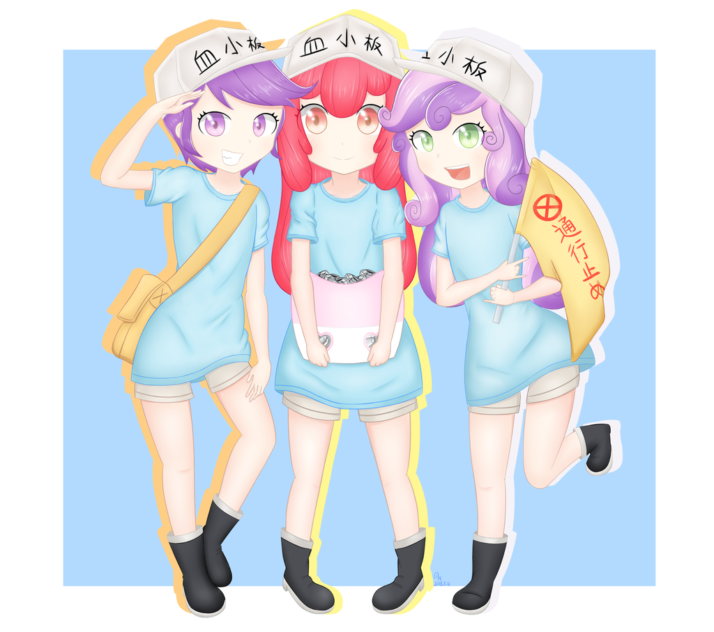 3girls apple_bloom blue_background boots child flag full_body green_eyes grin hat hataraku_saibou holding holding_flag multicolored_hair multiple_girls my_little_pony open_mouth oversized_clothes pink_hair platelet_(hataraku_saibou)_(cosplay) purple_eyes purple_hair red_eyes red_hair scootaloo shirt shorts simple_background smile standing standing_on_one_leg sweetie_belle t-shirt