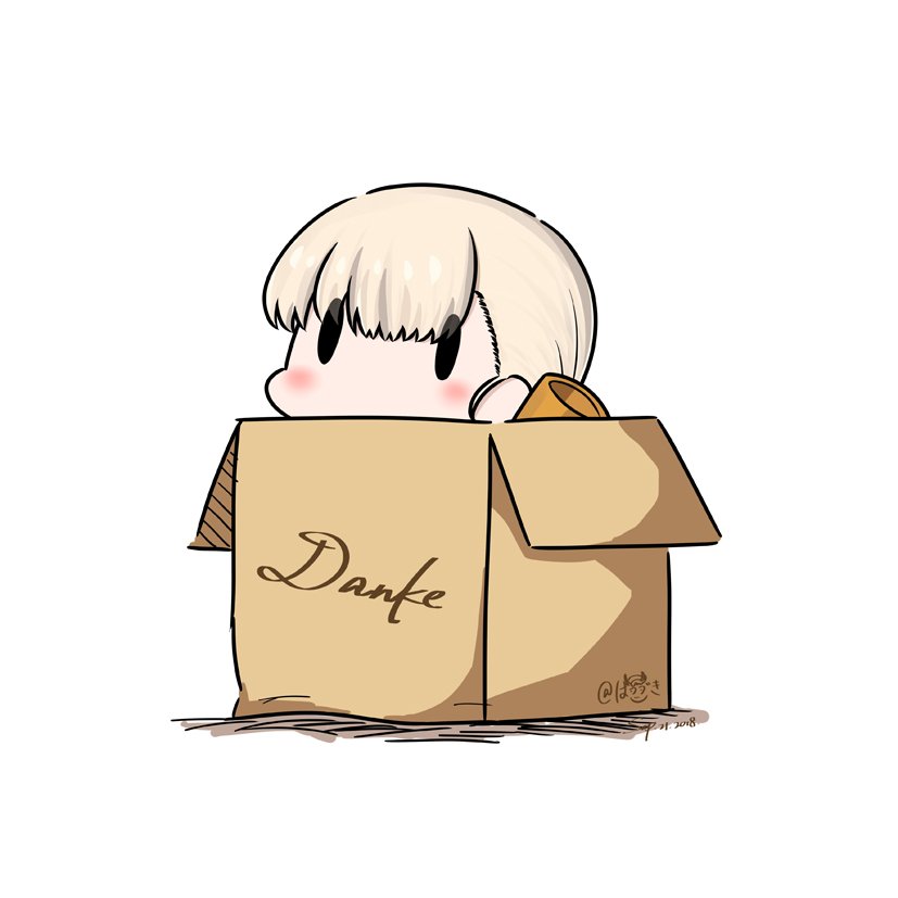 bangs blonde_hair blunt_bangs box cardboard_box dated german hair_ornament hatsuzuki_527 in_box in_container kantai_collection long_hair shin'you_(kantai_collection) side_ponytail simple_background solid_oval_eyes solo translated twitter_username white_background