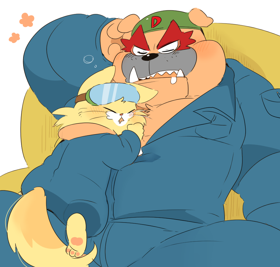 bulldog canine cat coveralls cuddling dog dribble feline hyaku1063 male mammal muscular nintendo pecs size_difference sleeping spitz_(warioware) video_games warioware