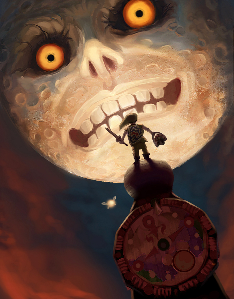 1boy commentary dark english_commentary eye_contact fairy green_hat hat highres holding holding_shield holding_sword holding_weapon link looking_at_another moon_(majora's_mask) night night_sky nintendo pants shield shoes sky sword tael teeth the_legend_of_zelda the_legend_of_zelda:_majora's_mask weapon yellow_eyes yinetyang
