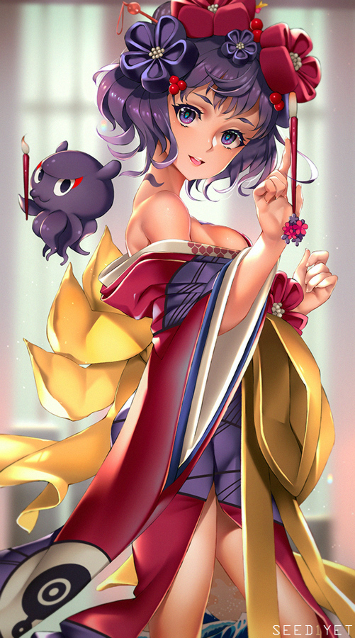 banned_artist blurry blurry_background breasts calligraphy_brush fate/grand_order fate_(series) hair_ornament holding holding_paintbrush japanese_clothes katsushika_hokusai_(fate/grand_order) kimono looking_at_viewer medium_breasts octopus off_shoulder open_mouth paintbrush profile purple_eyes purple_hair short_hair solo standing tattoo tokitarou_(fate/grand_order) viola_(seed)