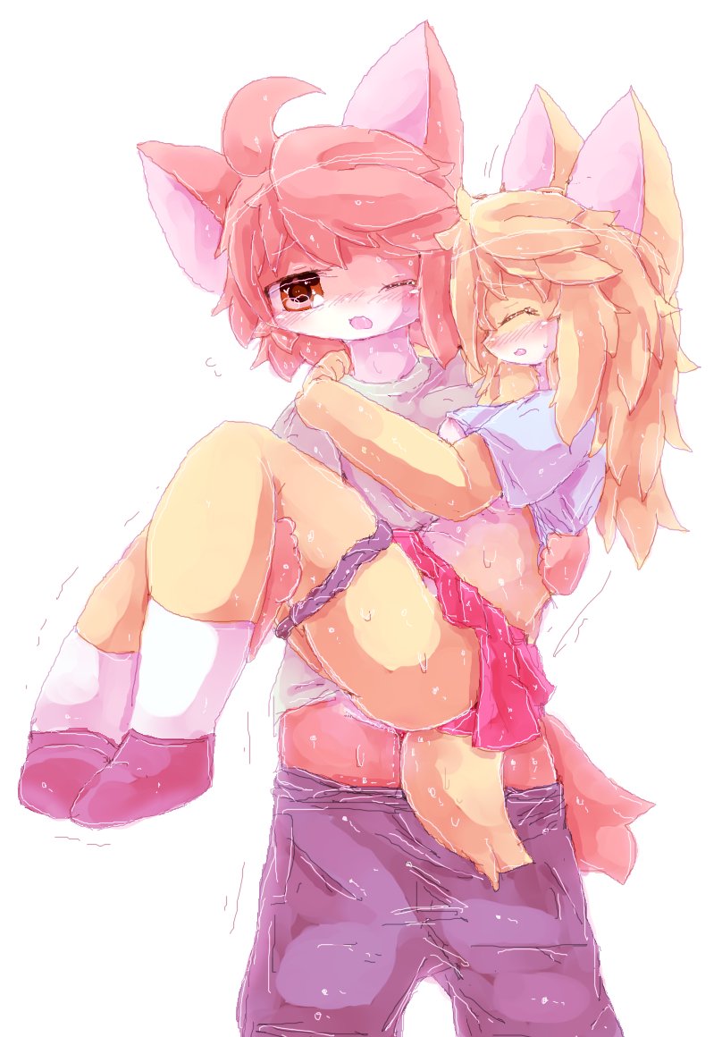 1boy 1girl blonde_hair dog eyes_closed furry kamawahi long_hair panties pink_hair short_hair underwear