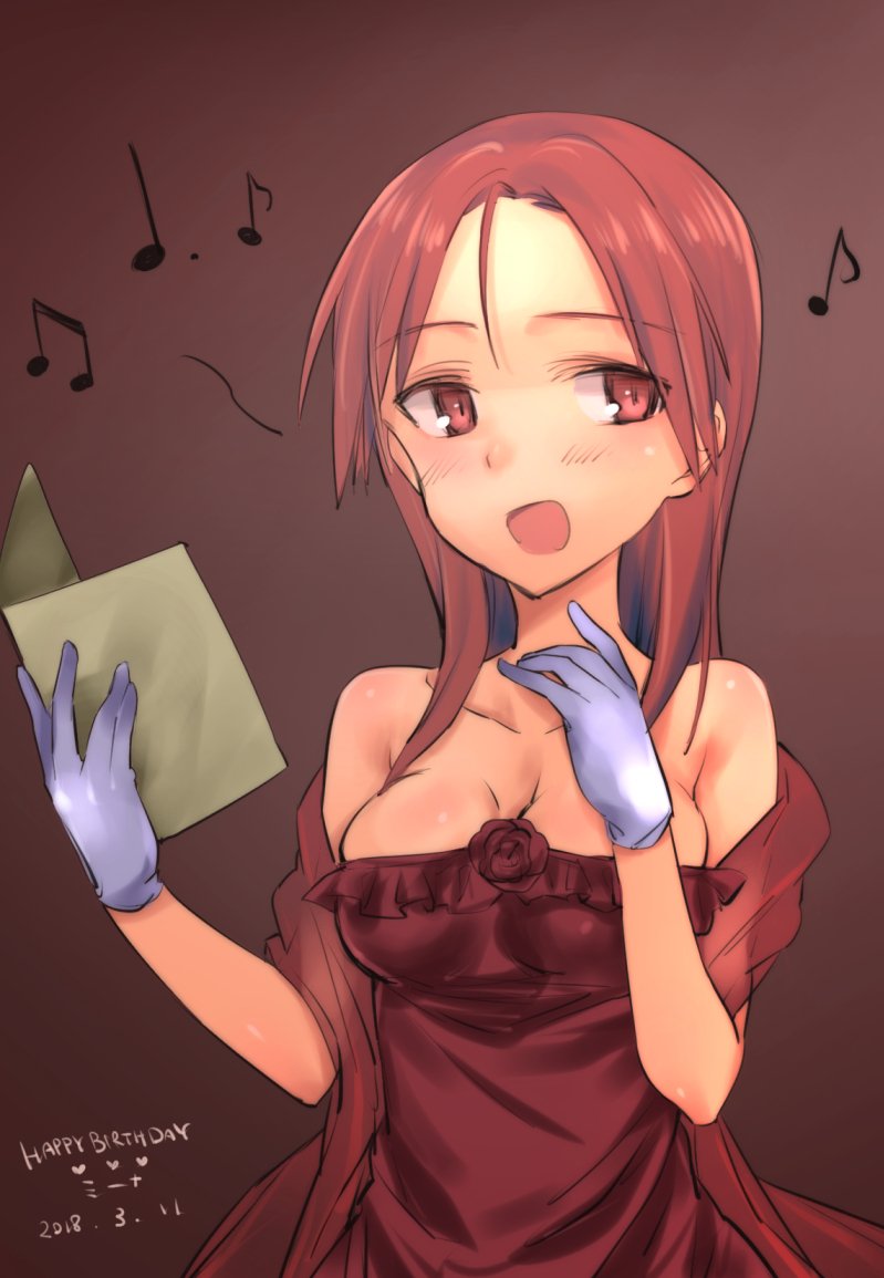 :d aohashi_ame beamed_eighth_notes breasts character_name cleavage commentary dated dotted_quarter_note dress eighth_note eyebrows_visible_through_hair flower formal gloves happy_birthday heart long_hair looking_at_viewer medium_breasts minna-dietlinde_wilcke music musical_note open_mouth red_dress rose shawl singing smile solo standing strapless strapless_dress strike_witches white_gloves world_witches_series