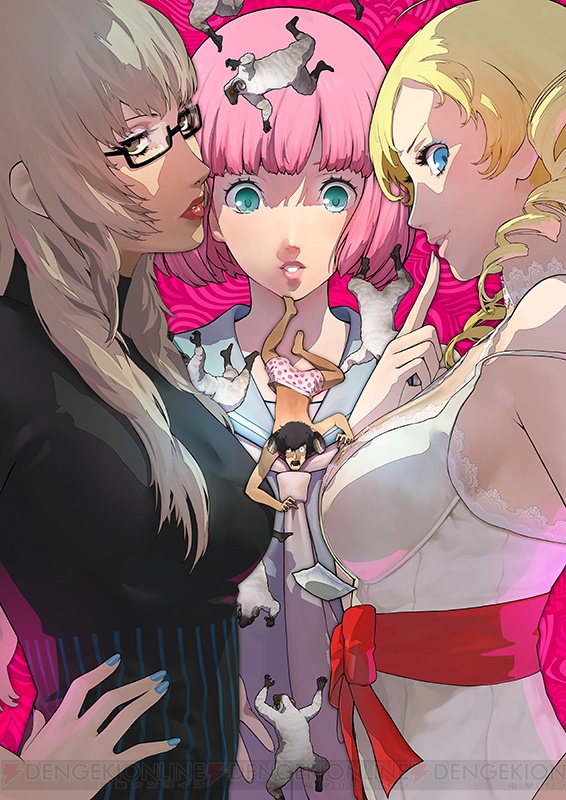 3girls atlus black-framed_eyewear blonde_hair blue_eyes boxers brown_hair catherine catherine:_full_body catherine_(game) eyeshadow finger_to_mouth game_console glasses green_eyes head_tilt horns katherine_mcbride lace_trim long_hair looking_at_viewer makeup multiple_girls official_art open_mouth parted_lips pink_background pink_eyes pink_hair polka_dot_underwear rin_(catherine) sailor_collar semi-rimless_eyewear short_hair smile soejima_shigenori twintails underwear upper_body upside-down vincent_brooks