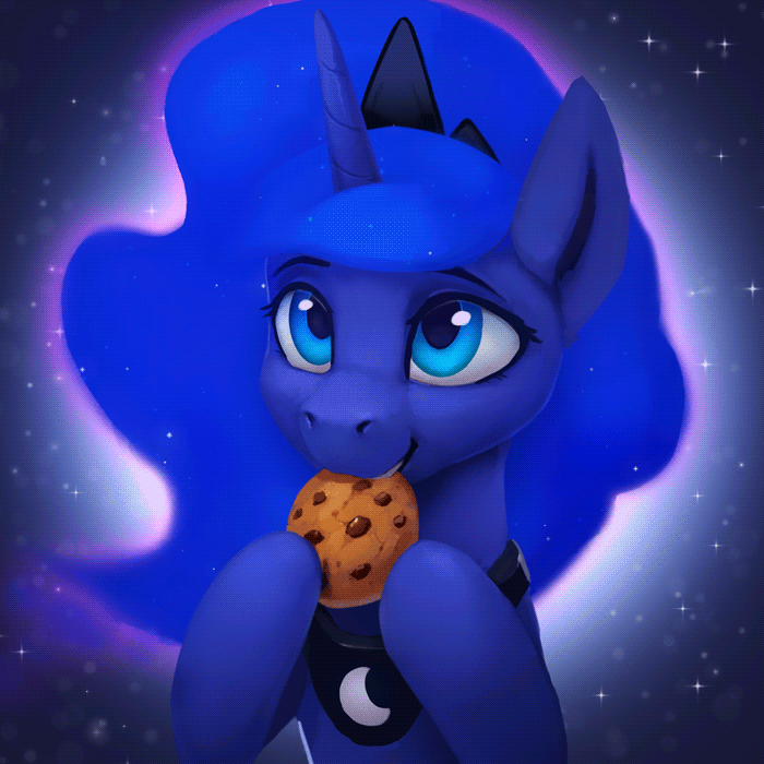 2018 animated blinking blue_eyes blue_hair collar cookie cosmic_hair crown eating equine female feral food friendship_is_magic hair horn mammal my_little_pony princess_luna_(mlp) rodrigues404 smile solo sparkles unicorn