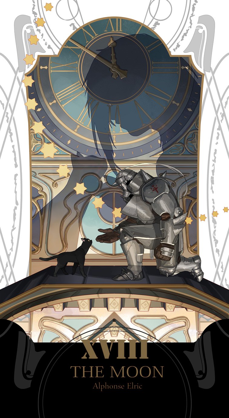 alphonse_elric animal armor bad_id bad_twitter_id black_cat cat character_name clock commentary different_shadow english_commentary flamel_symbol full_armor fullmetal_alchemist gloves highres holy_pumpkin kneeling male_focus outstretched_hand profile revision shadow star tarot text_focus
