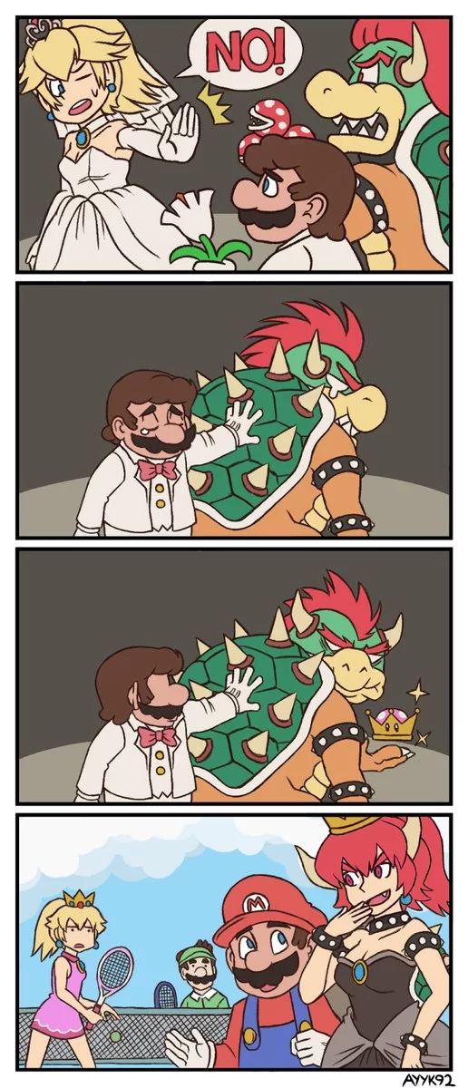 2018 4koma alternate_species animal_humanoid anthro ayyk92 ball blonde_hair blue_eyes bowser bracelet breasts cleavage clothed clothing collar comic crossgender crown dress female gender_transformation group hair horn human human_on_humanoid humanoid humanoidized humor implied_transformation jewelry koopa luigi male male/female mammal mario mario_bros mtf_transformation nintendo post_transformation princess_peach reptile reptile_humanoid scalie speech_bubble spiked_bracelet spiked_collar spikes super_crown tears tennis tennis_ball tennis_court tennis_net tennis_racket tennis_uniform transformation tuxedo video_games visor_cap wedding_dress