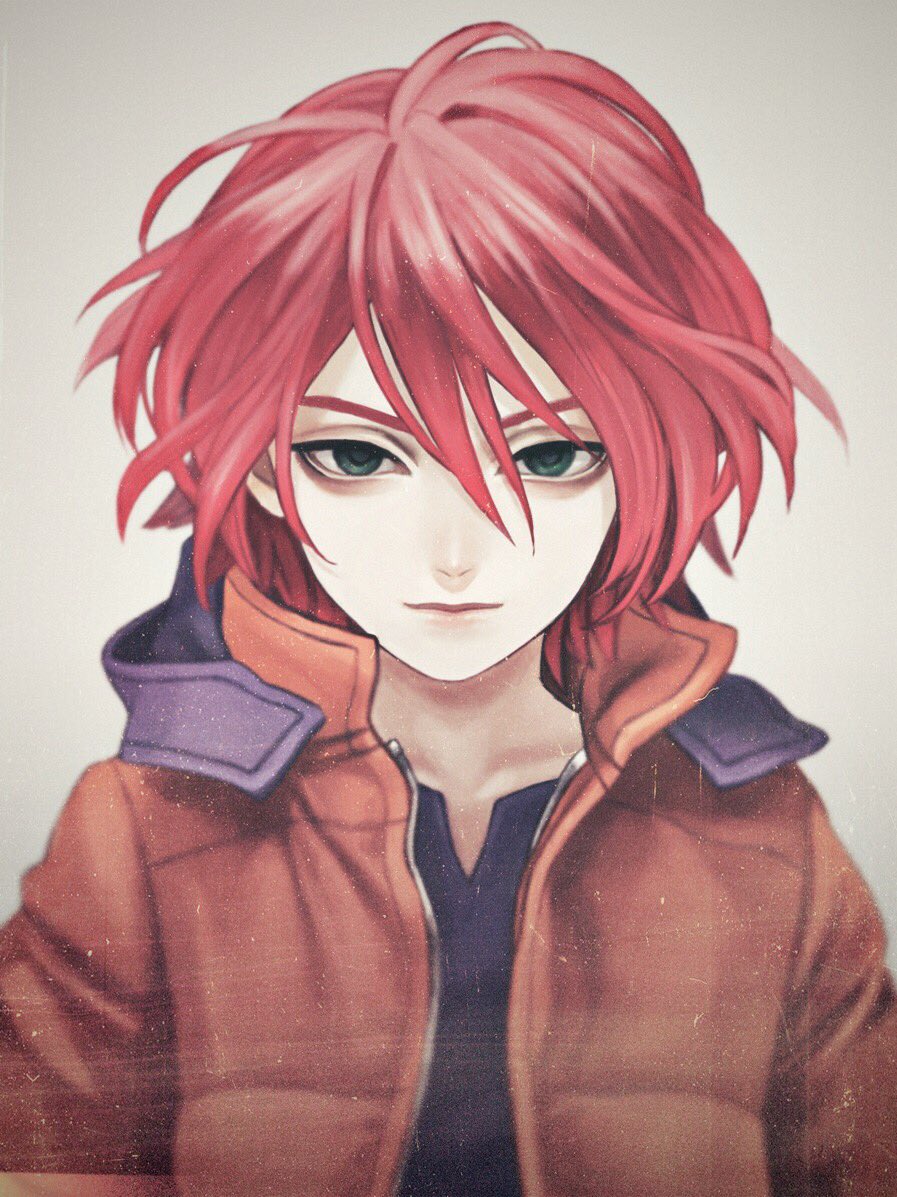 1boy bags_under_eyes brown_coat character_request closed_mouth coat commentary_request copyright_request grey_background hair_between_eyes light_smile looking_at_viewer male_focus murasaki_(fioletovyy) open_clothes open_coat pale_skin purple_shirt red_hair shirt simple_background solo upper_body