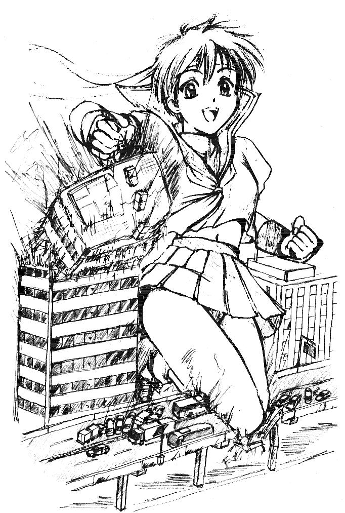 bridge building capcom car city crush destruction giantess ground_vehicle headband kasugano_sakura kneeling knocking monochrome motor_vehicle panties panty_peek punch road school_uniform smile street street_fighter tonnurina traffic_sign underwear