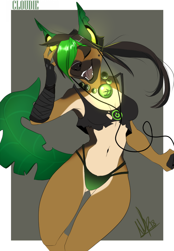 2018 5_fingers anthro breasts canine clothed clothing digital_media_(artwork) dog female green_hair hair mammal midriff navel open_mouth smile solo teeth thin_waist tongue wide_hips wolflady