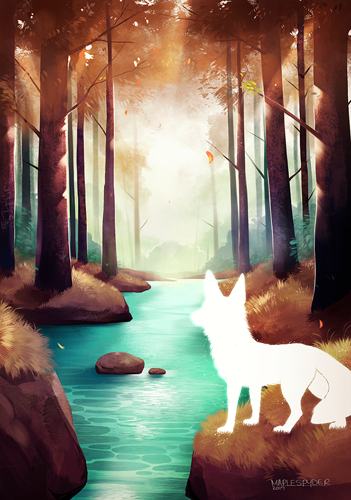 2017 ambiguous_gender canine day detailed_background digital_media_(artwork) feral forest fox fur grass mammal maplespyder outside solo standing tree water white_fur