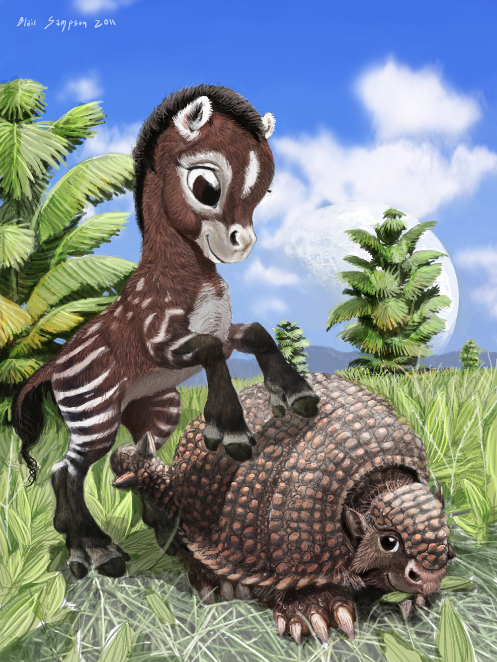 2011 3_toes 4_toes ambiguous_gender armadillo black_eyes black_fur black_hooves black_mane black_tail brown_eyes brown_fur brown_scales brown_tail claws cloud cub cute digital_media_(artwork) digital_painting_(artwork) duo equine eye_markings facial_markings feral ferns full-length_portrait fur glyptodon grass hi_res hooves lighting looking_at_another looking_down mammal mane markings mesohippus moon multicolored_fur muzzle_(marking) nature on_hind_legs outside portrait prehistoric psithyrus quadruped scales shadow shell signature size_difference sky smile snout socks_(marking) spiked_tail spots spotted_fur standing striped_fur stripes tail_tuft toe_claws toeless_(marking) toes tree tuft two_tone_tail white_claws white_fur white_markings white_spots white_stripes young