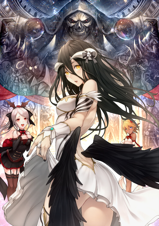 3girls albedo aura_bella_fiora dress dress_lift kyoeiki multiple_girls overlord_(maruyama) shalltear_bloodfallen
